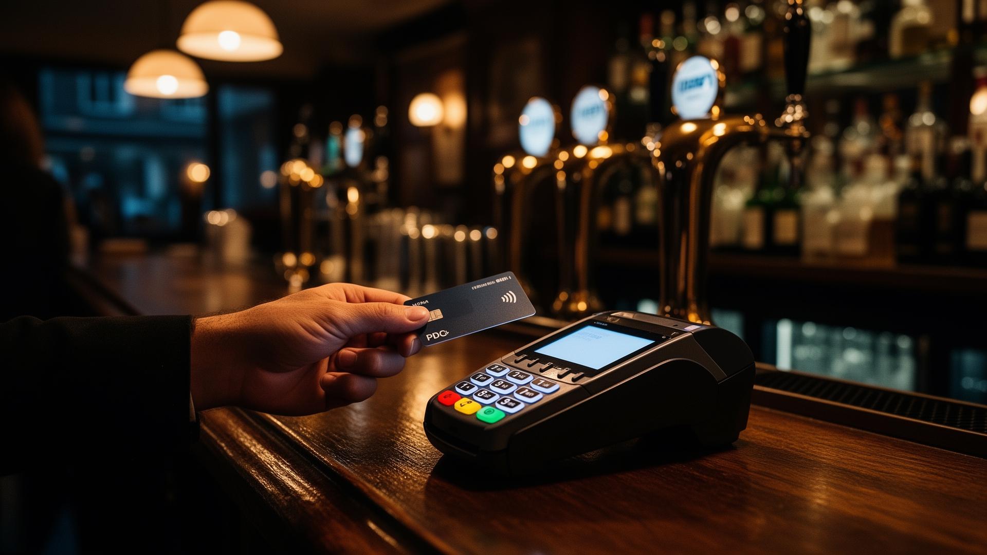 Customer tapping a contactless card on a PDQ terminal at a UK pub bar