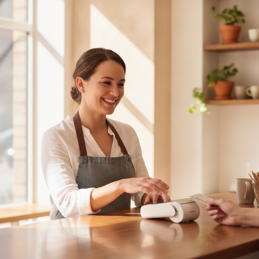 A UK cafe owner taking a contactless card payment from a customer at the counter