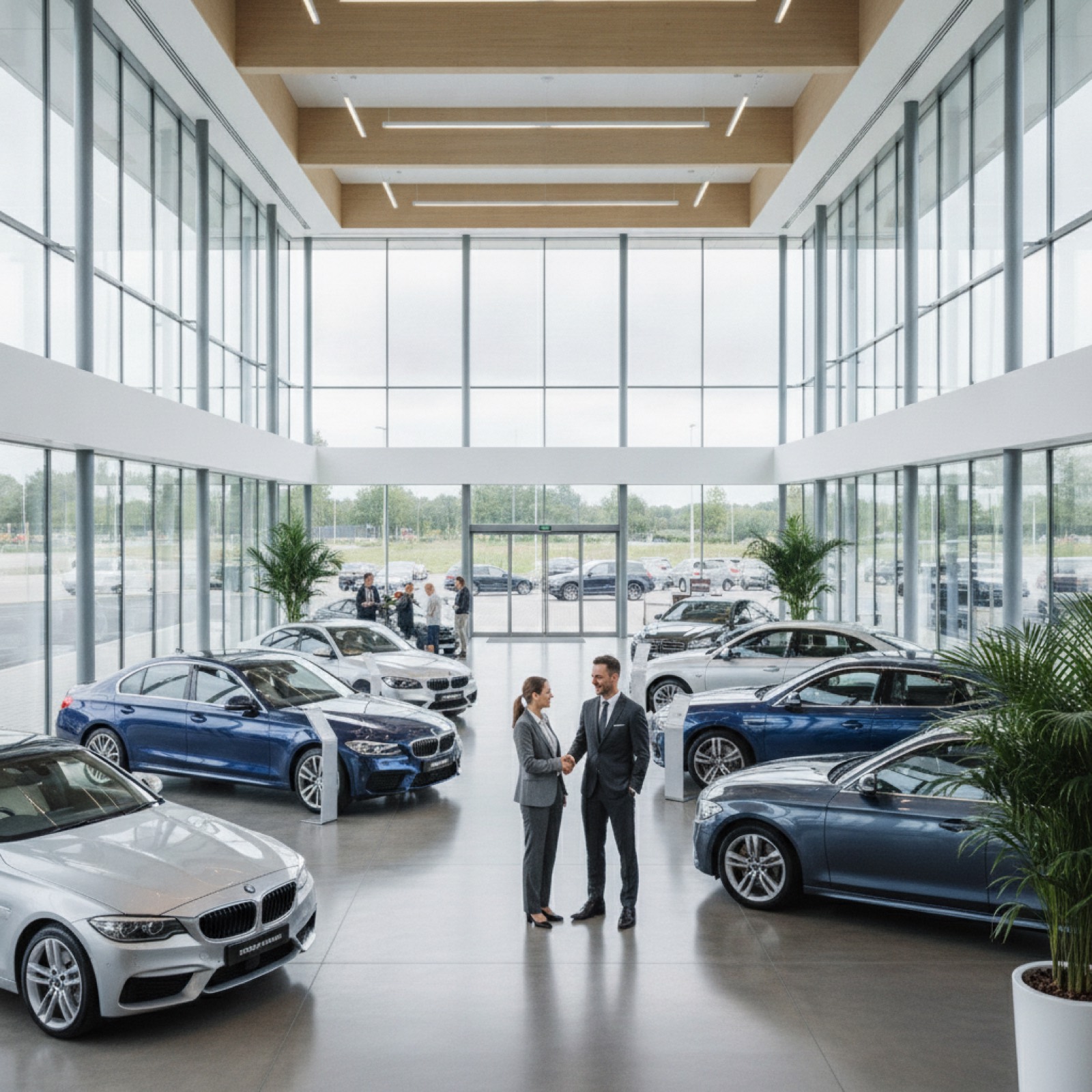 Sleek luxury cars showcased in a stylish, modern automotive dealership.