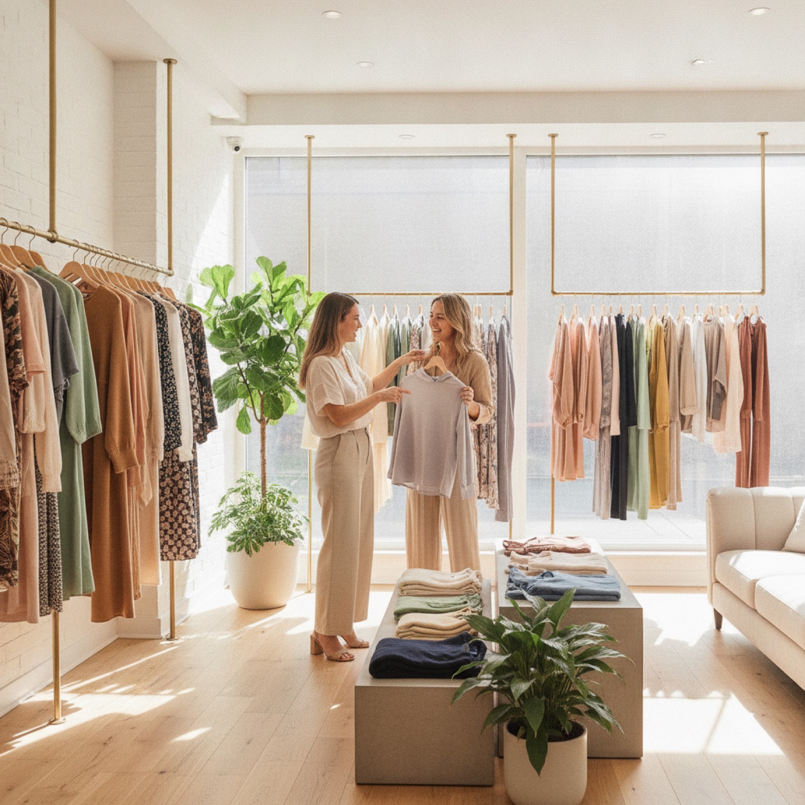 Hands selecting colorful sweaters on a clothing rack inside a modern boutique.
