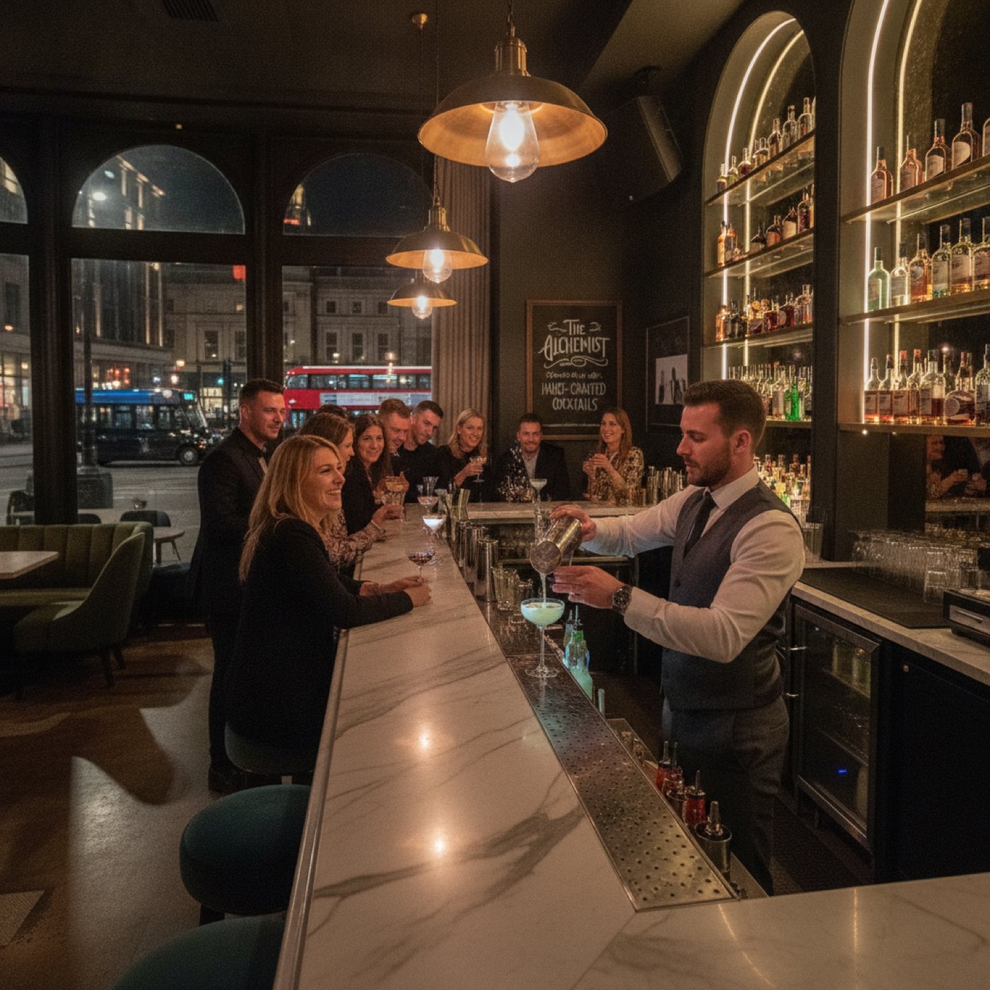 A bartender expertly mixing drinks in a stylish, dimly lit bar setting, creating a warm and inviting atmosphere.