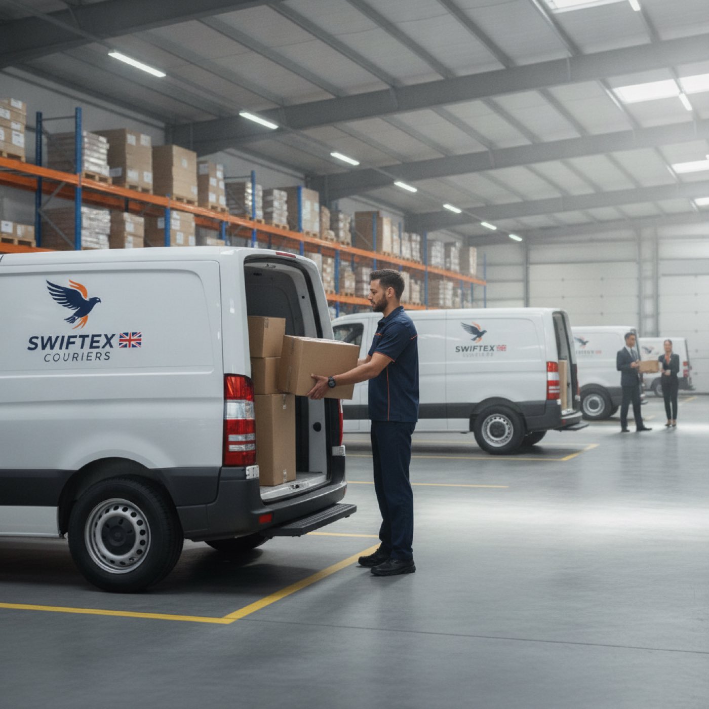 A white delivery van with Prime logo parked on an urban street with driver inside.