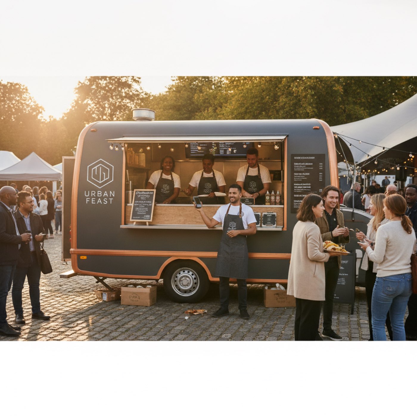 A lively crowd gathers around vibrant food trucks at night, enjoying a bustling street food experience.