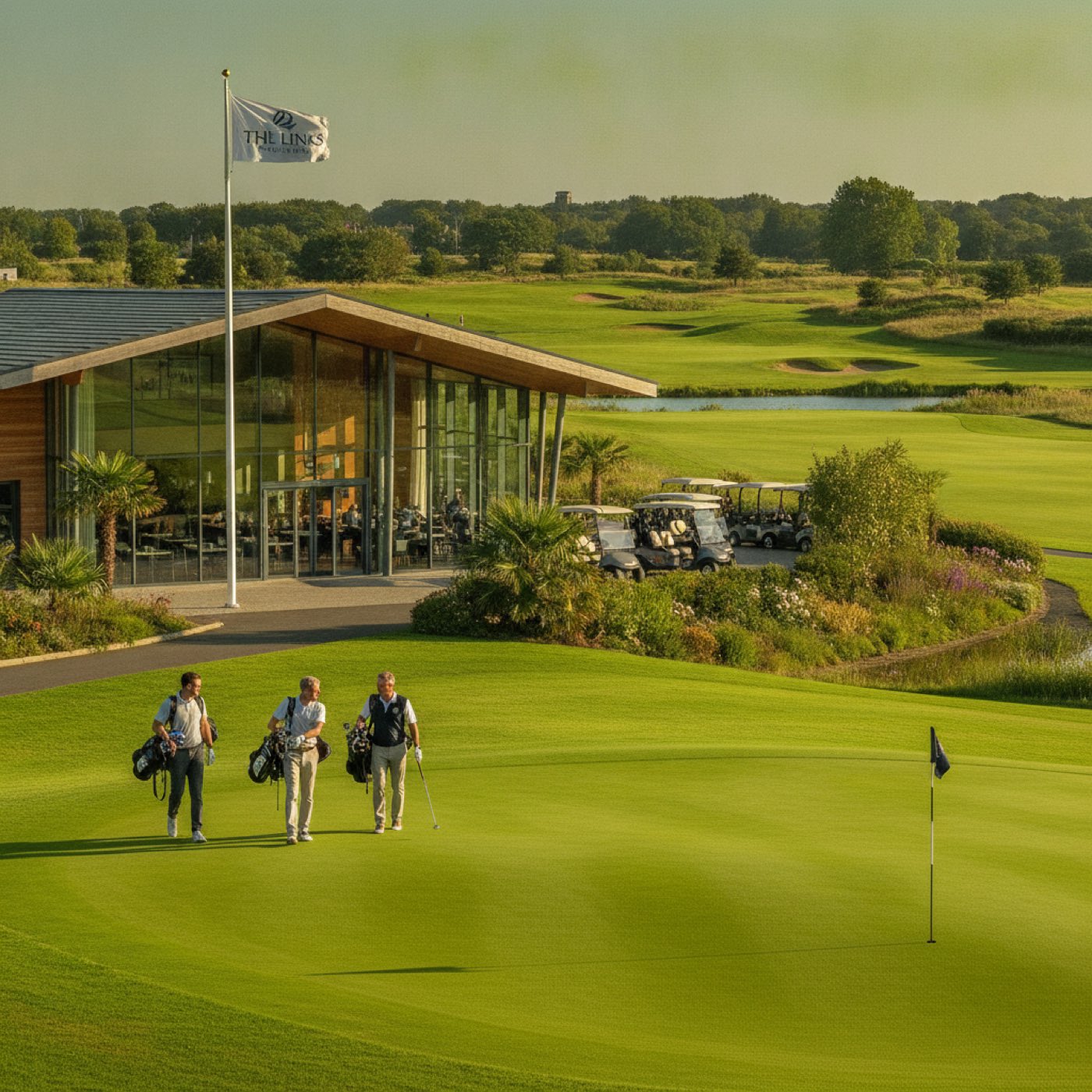 A golf bag and clubs on a sunny golf course, perfect for summer leisure.
