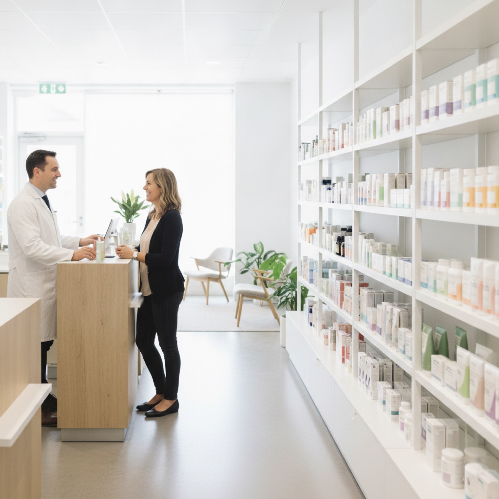 A woman with a mask speaks to a pharmacist behind a counter in a pharmacy.