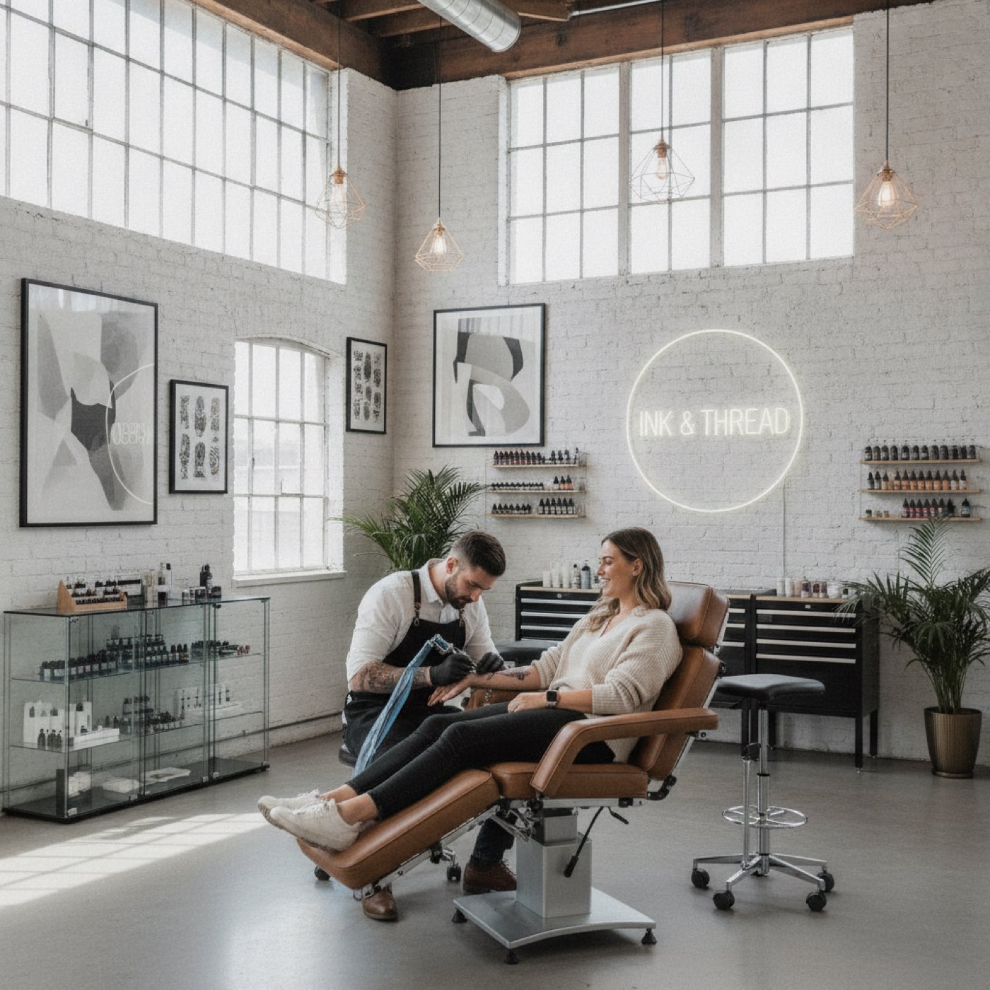 Tattoo artist working on a client in a modern studio in Keltern, Germany. The ambiance is creative and professional.
