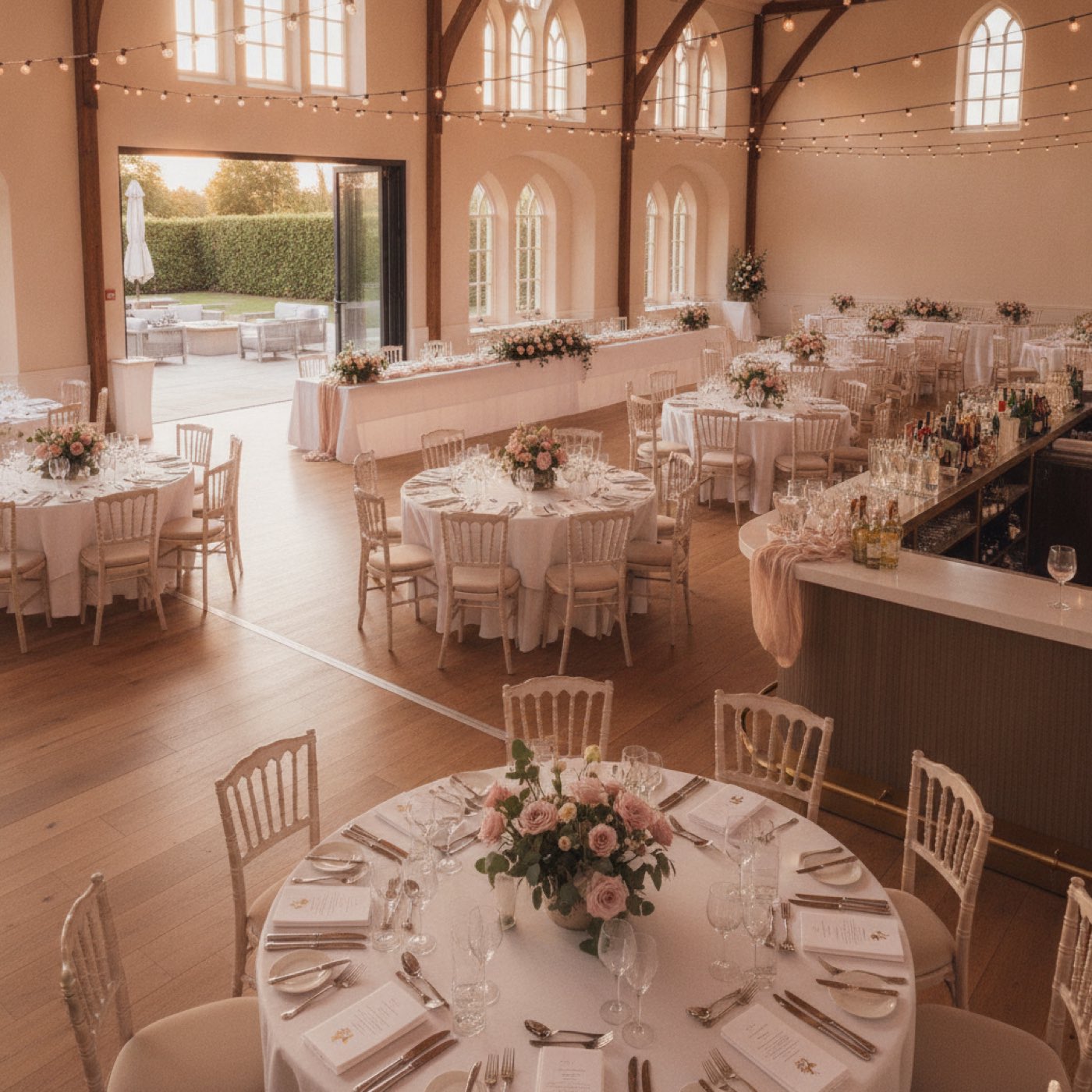 Beautiful outdoor wedding ceremony setting with white and pastel-colored decor and floral arrangements.