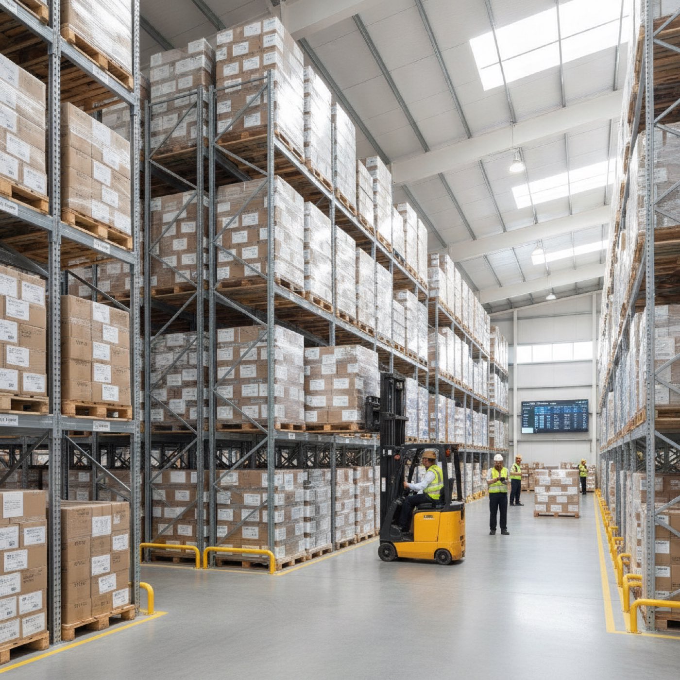 High stacks of cardboard boxes organized in a warehouse with a blue metal ceiling.